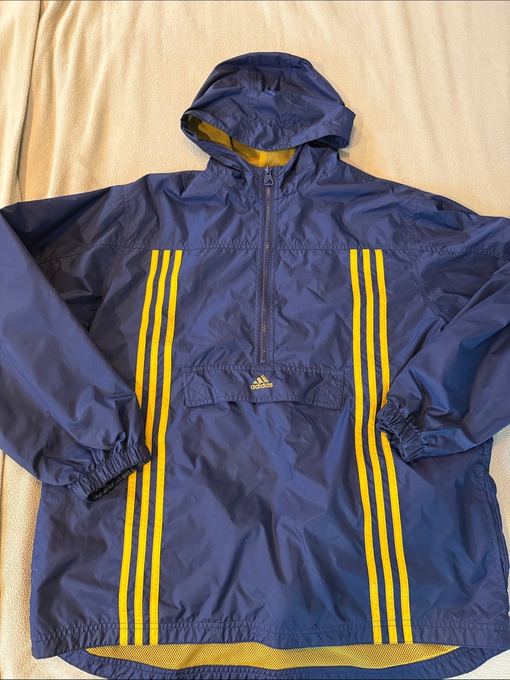 adidas Vintage Youth Navy Hooded Windbreaker with Yellow Stripe Accents